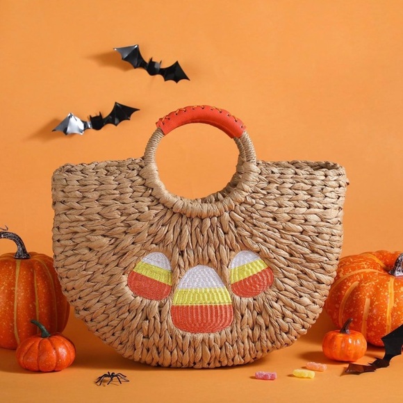 Handwoven Halloween jack-o-lantern Pumpkin Face Tote w/ candy corn tan - Picture 3 of 5